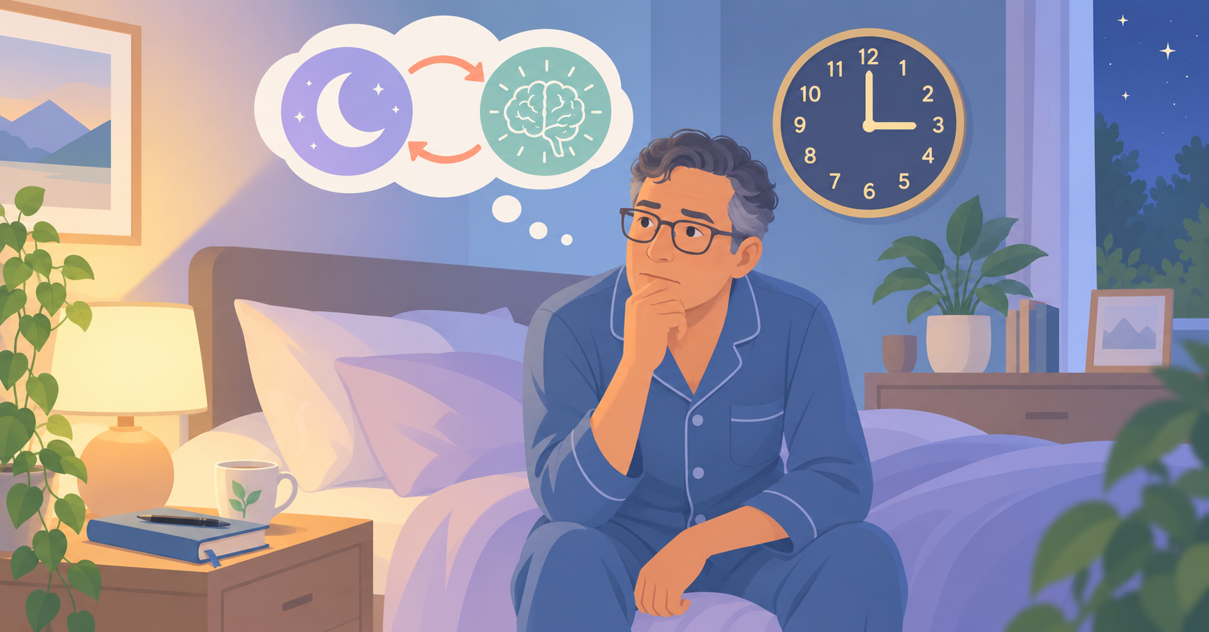 A man in blue pajamas sits awake on his bed at 3 a.m. as a thought bubble links a crescent moon to a brain.