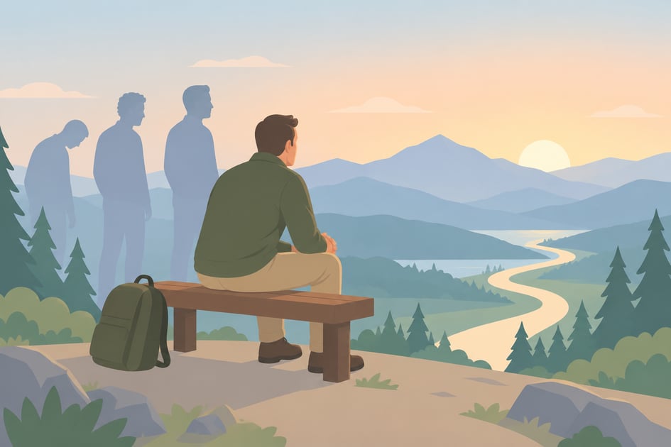 A man sits alone on a bench at sunrise, facing distant mountains, with shadowy figures receding behind him.