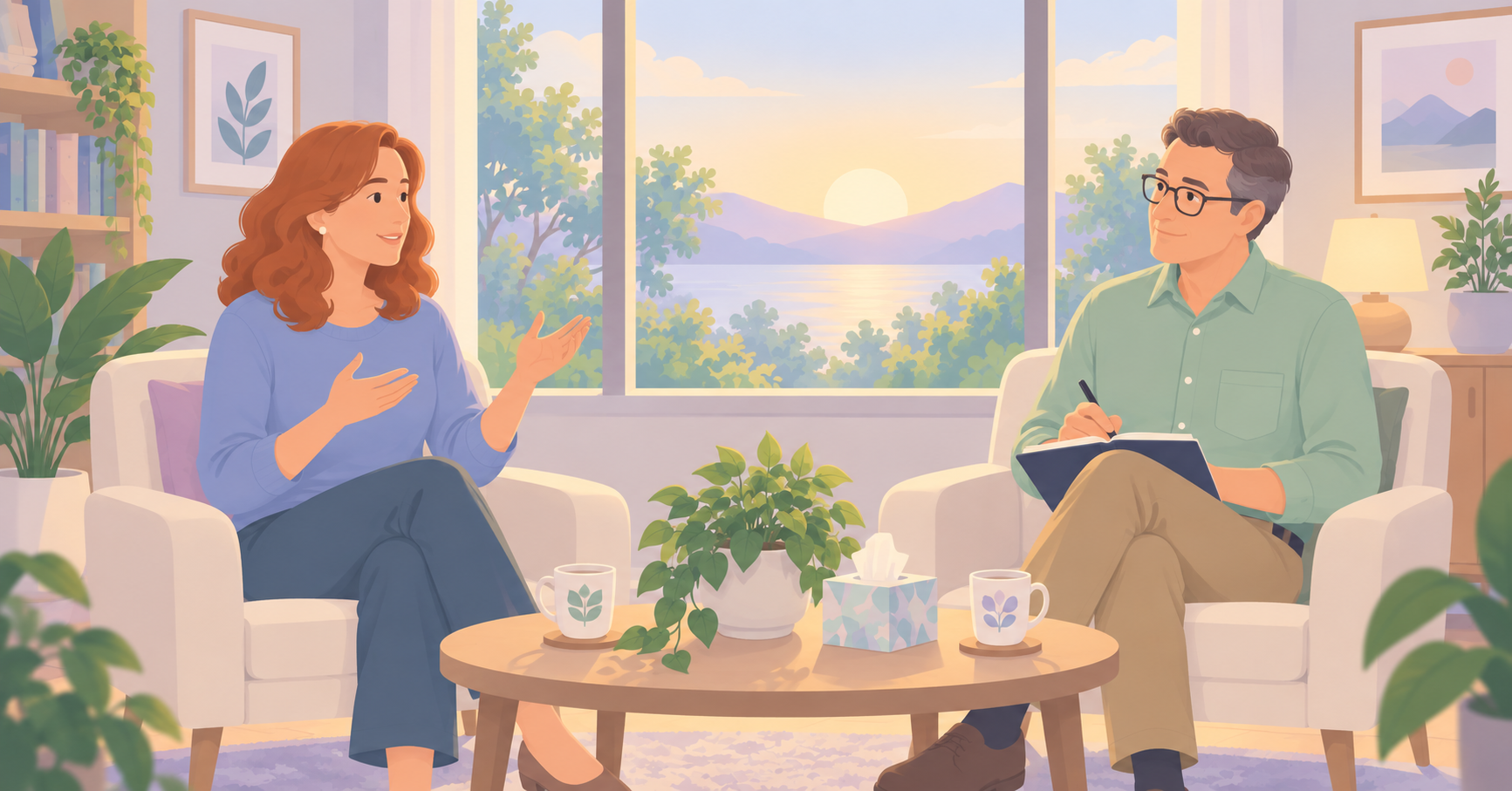 A woman in a soft blue sweater speaks with her therapist in a sunlit office during a psychedelic-assisted session.