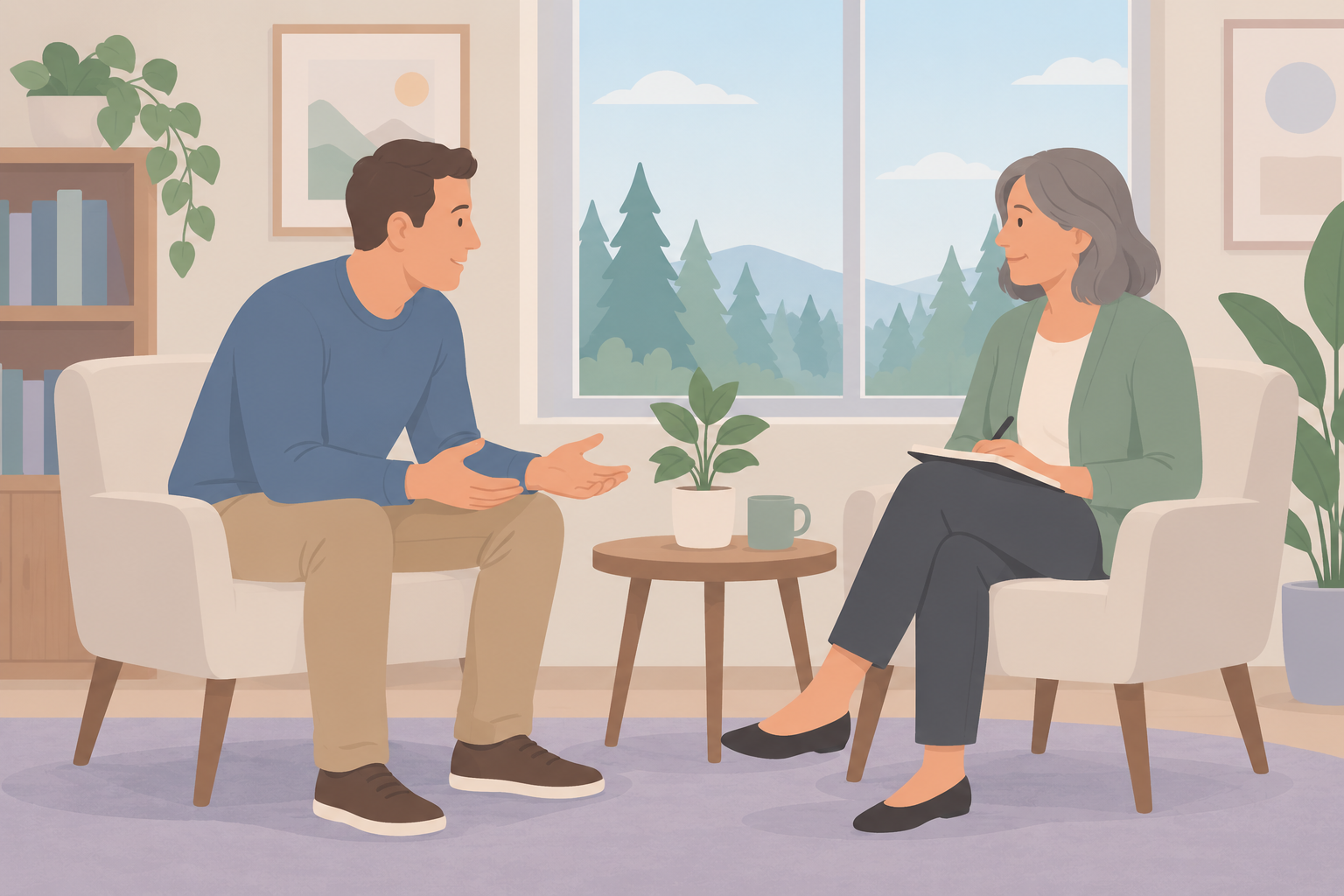 A man talks openly with a therapist in a sunlit room, both seated in armchairs beside a window.
