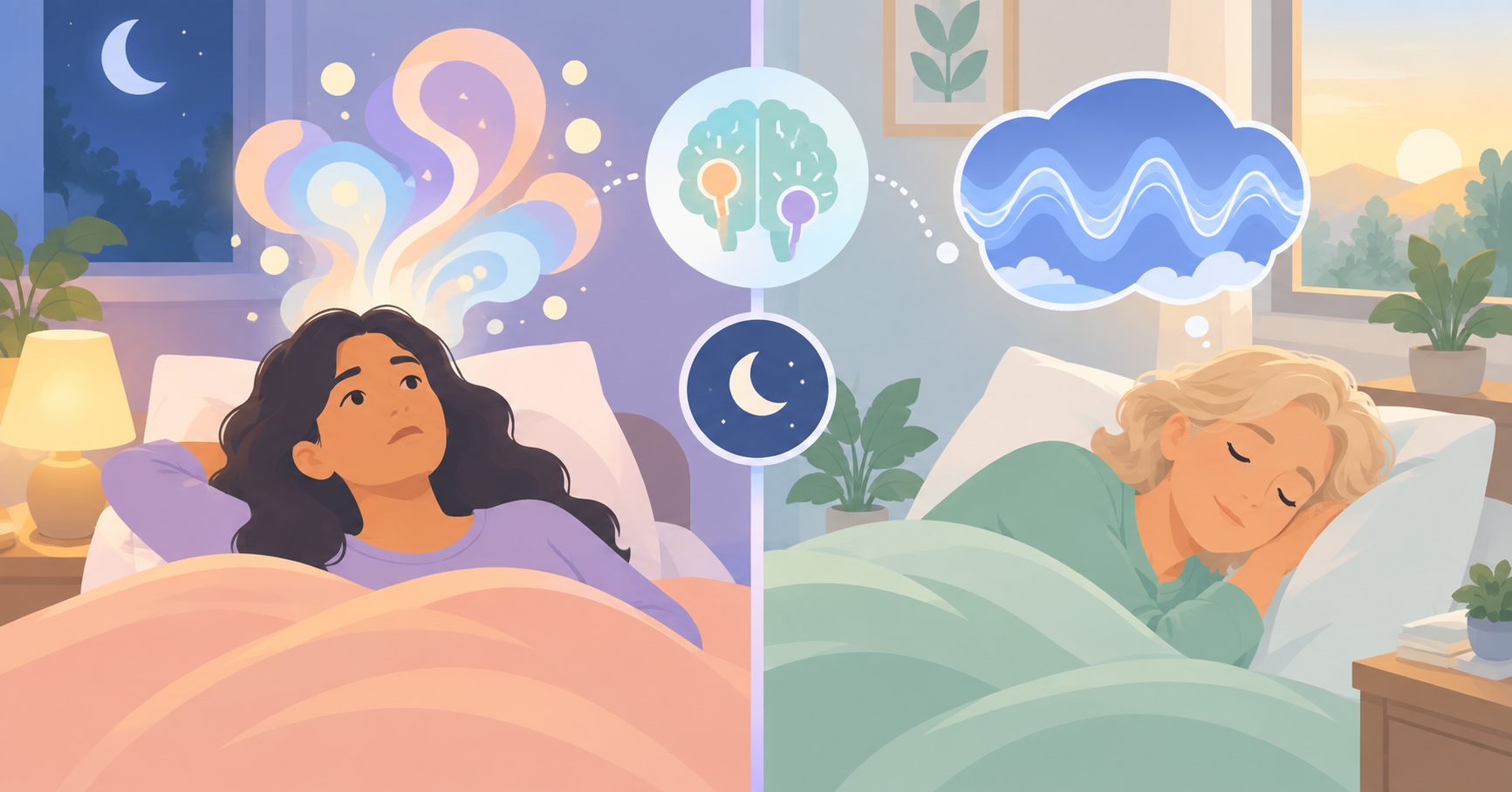 One person lies awake beneath a glowing aura while another sleeps soundly beneath gentle slow-wave dream lines.