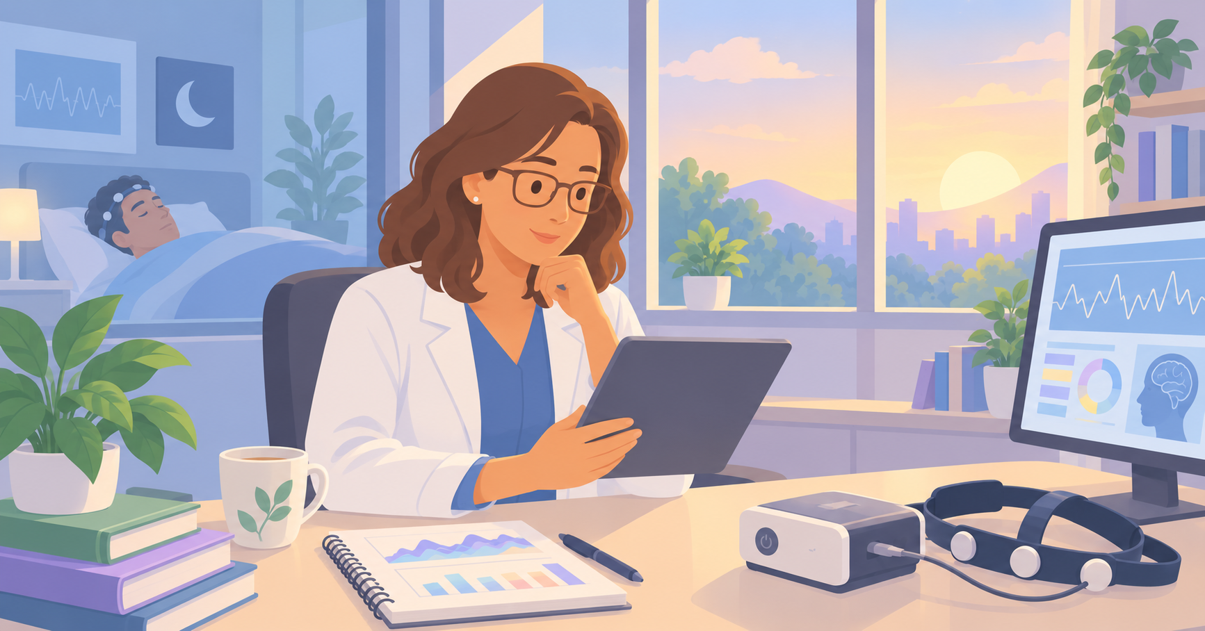 A researcher in a white lab coat reviews sleep study data as a participant sleeps behind a frosted glass partition.