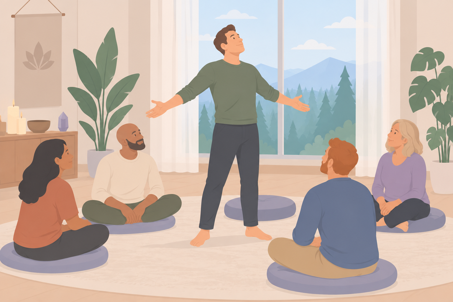 A man stands with his arms open in a group ceremony circle while other participants sit meditating on cushions.