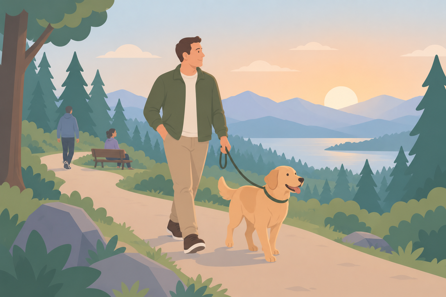 A man walks his golden retriever along a forest path at sunrise, with other retreat guests in the distance.