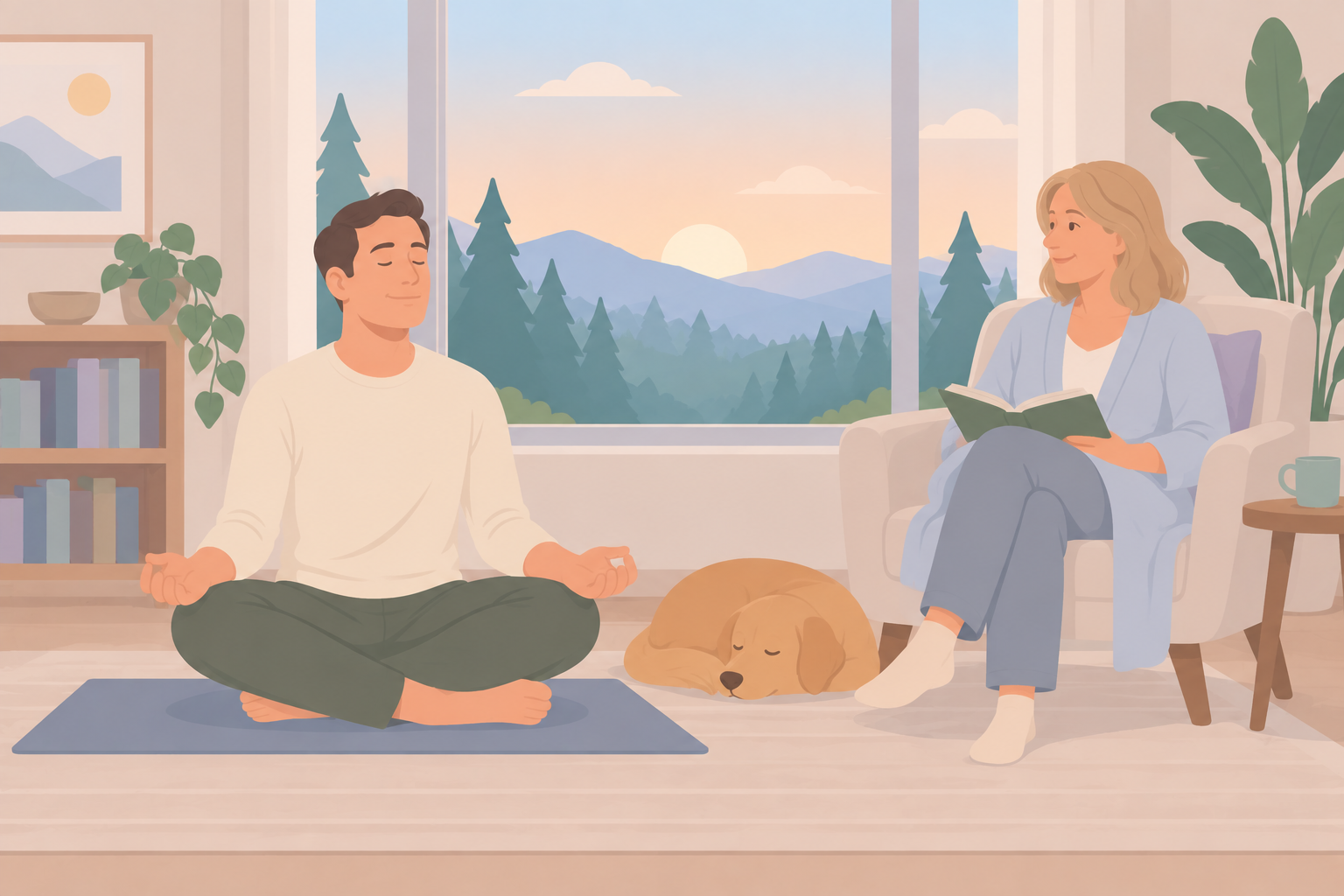 A man meditates on a mat at dawn while his partner reads nearby and their dog sleeps between them.