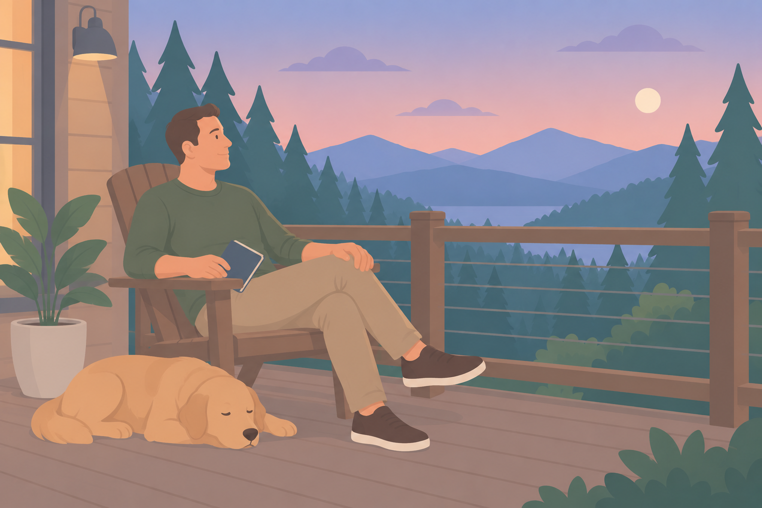 A man sits on a porch at dusk holding a journal, his dog resting beside him under a rising moon.