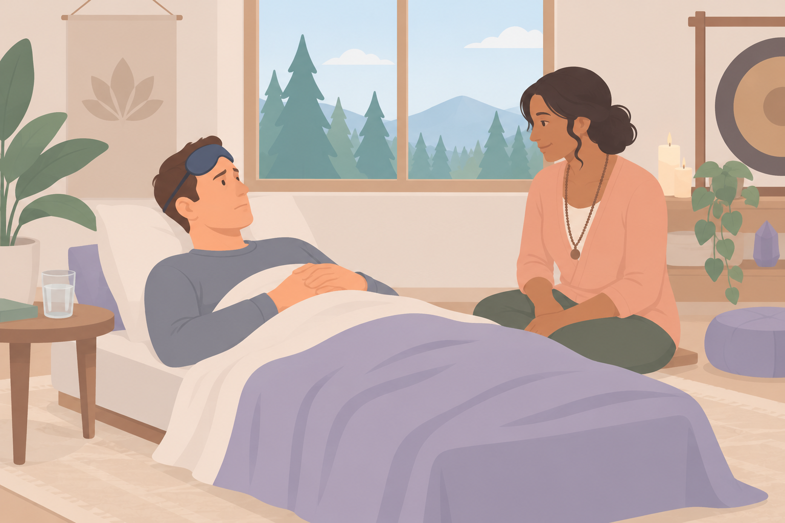 A man rests on a daybed with an eye mask pushed up on his forehead while a facilitator kneels beside him.
