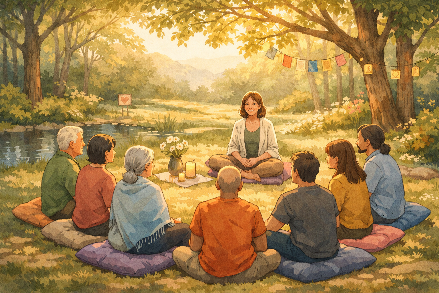 Outdoor psychedelic therapy sharing circle at Beckley Retreats, diverse multi-generational group seated around female facilitator under prayer flags by forest stream.