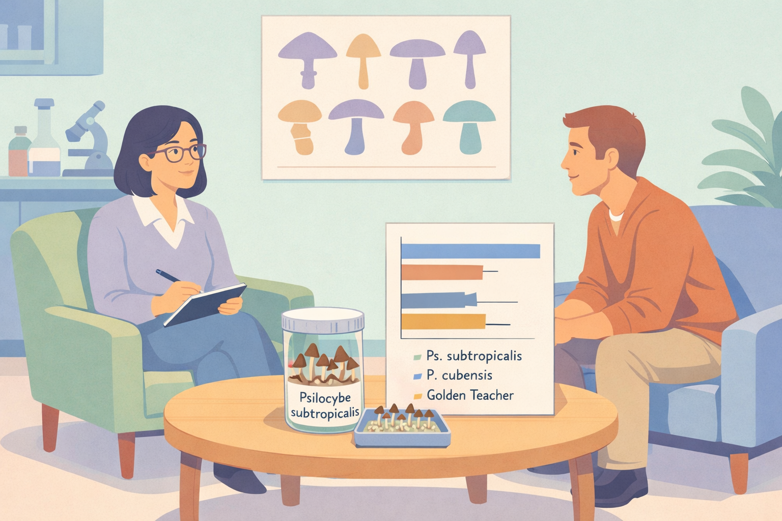 A flat professional pastel illustration soft blues mint greens peaches pale yellows lavenders showing a calm modern therapyofficemeetslab setting On o-1