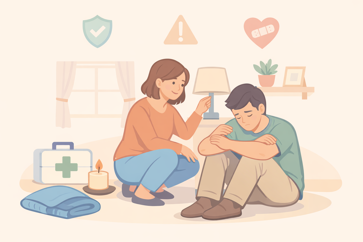 A flat vector style professional illustration in a soft pastel palette Depict the importance of safety a sitter ensuring a calm and hazardfree space T-4