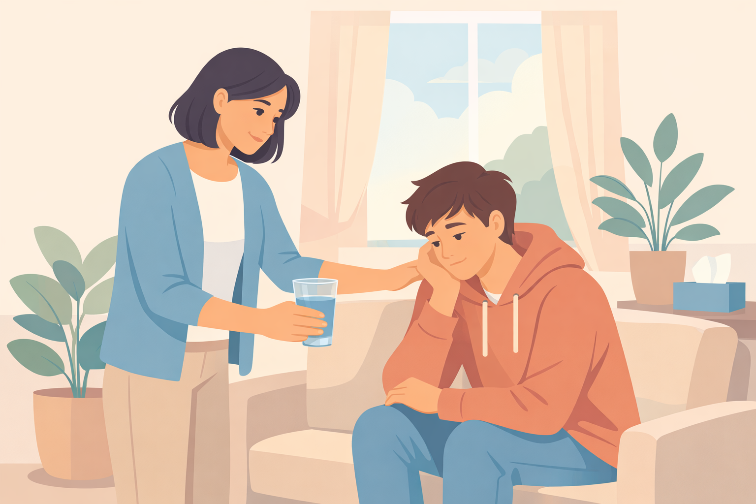 A flat vector style professional illustration in a soft pastel palette Represent a calm indoor environment with two peopleone clearly sober and attent-3