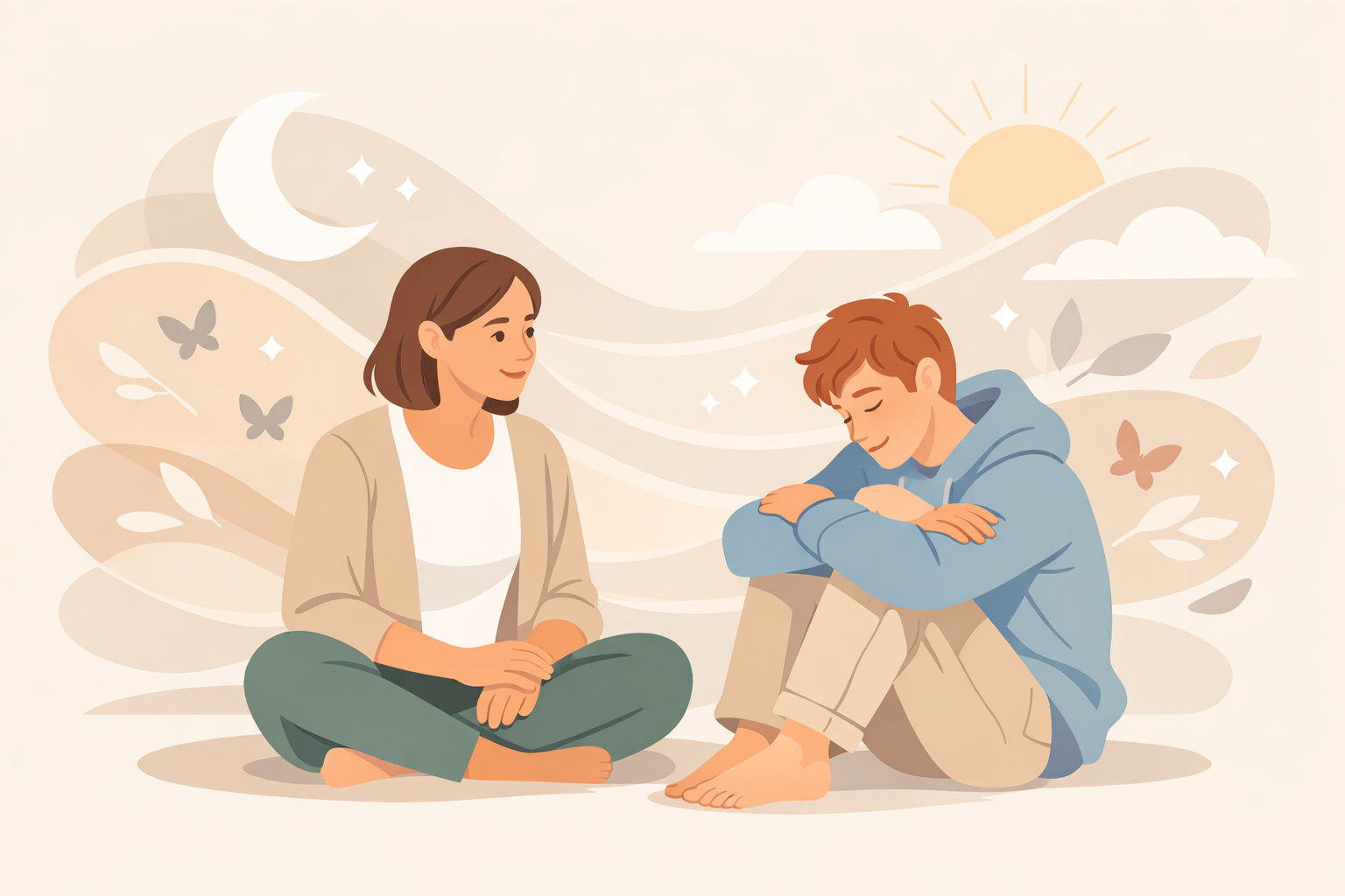 A flat vector style professional illustration in a soft pastel palette Show a calm grounded trip sitter sitting beside someone who appears reflective-1