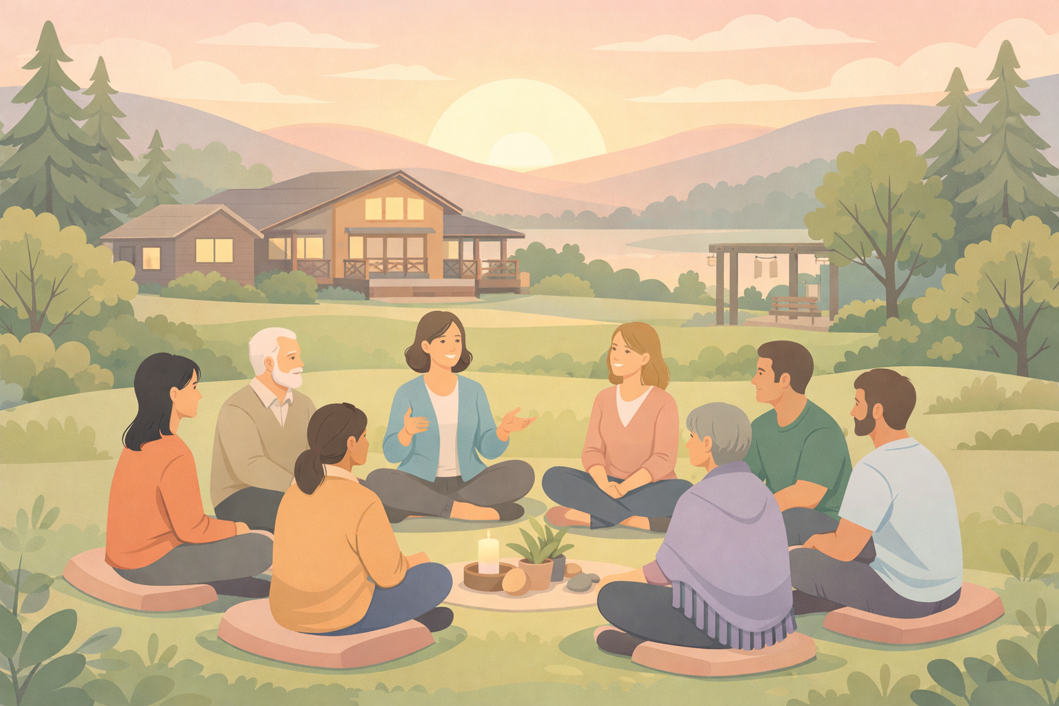 A flat vector style professional illustration in a soft pastel palette lower saturation by 25 Show a retreat setting in naturerolling hills trees or a-1