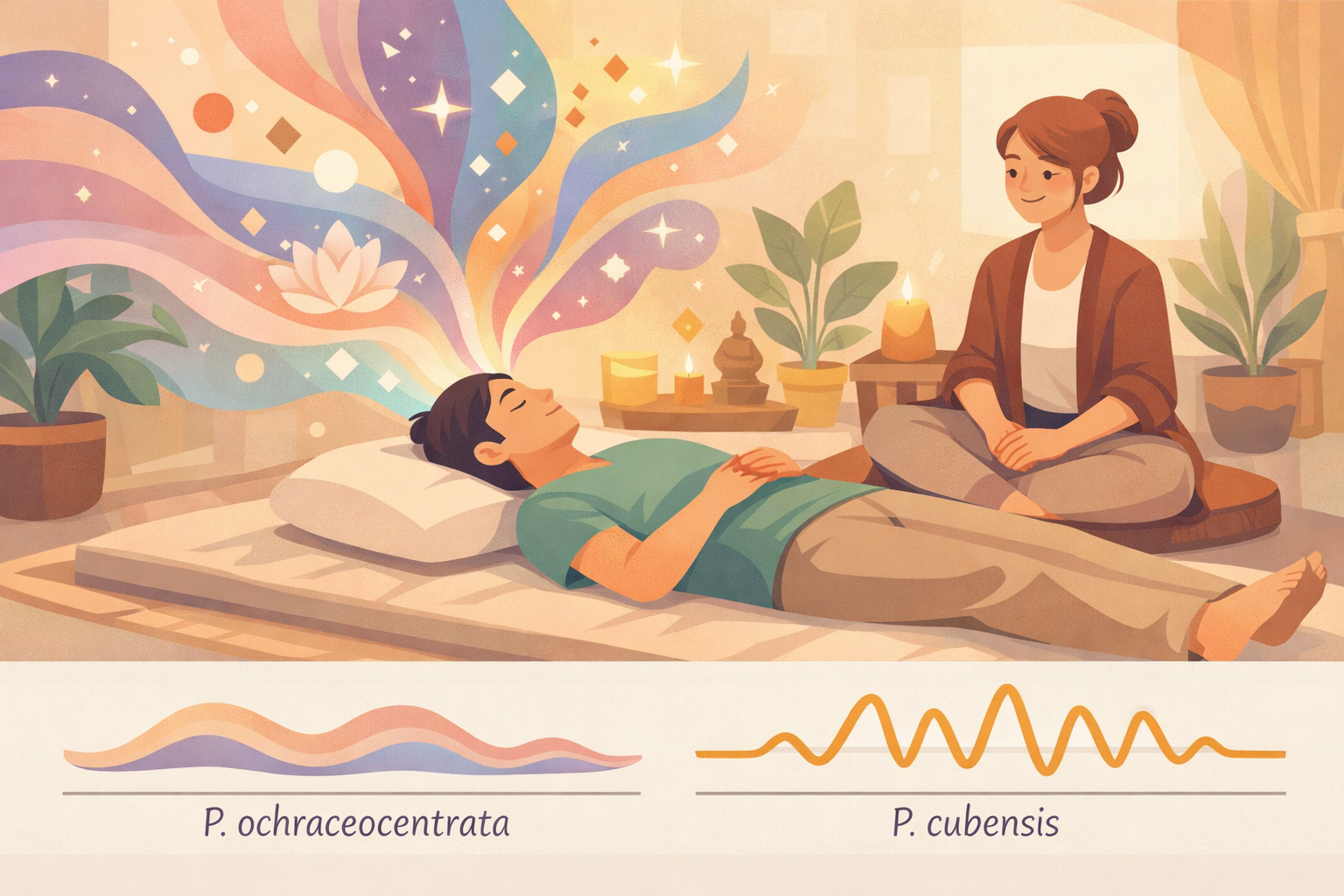 Flat vector illustration of a person lying in a psilocybin ceremony with a facilitator seated nearby, with wavy brainwave graphs comparing the effects of P. ochraceocentrata versus P. cubensis on the psychedelic experience.