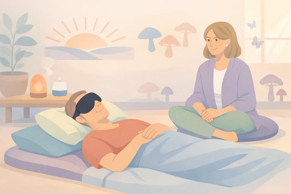 A serene psychedelic therapy session at Beckley Retreats, featuring a woman guiding a blindfolded man lying on a futon amid mushrooms, plants, incense, and sunset light.