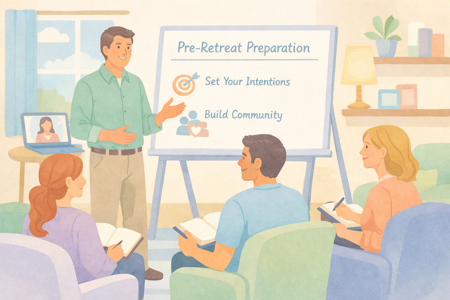 Illustration of pre-retreat preparation session in psychedelic therapy at Beckley Retreats, featuring facilitator presenting "Set Your Intentions" and "Build Community" on whiteboard to diverse group in cozy room.