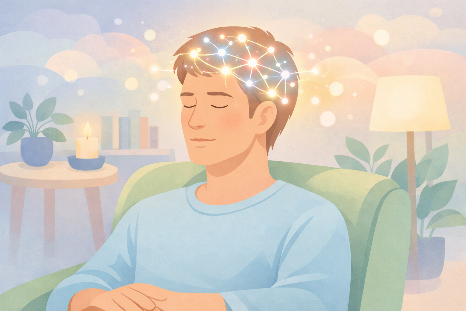 Man in serene psychedelic therapy session with glowing neural network brain, candlelit room promoting Beckley Retreats mindfulness and psilocybin healing.