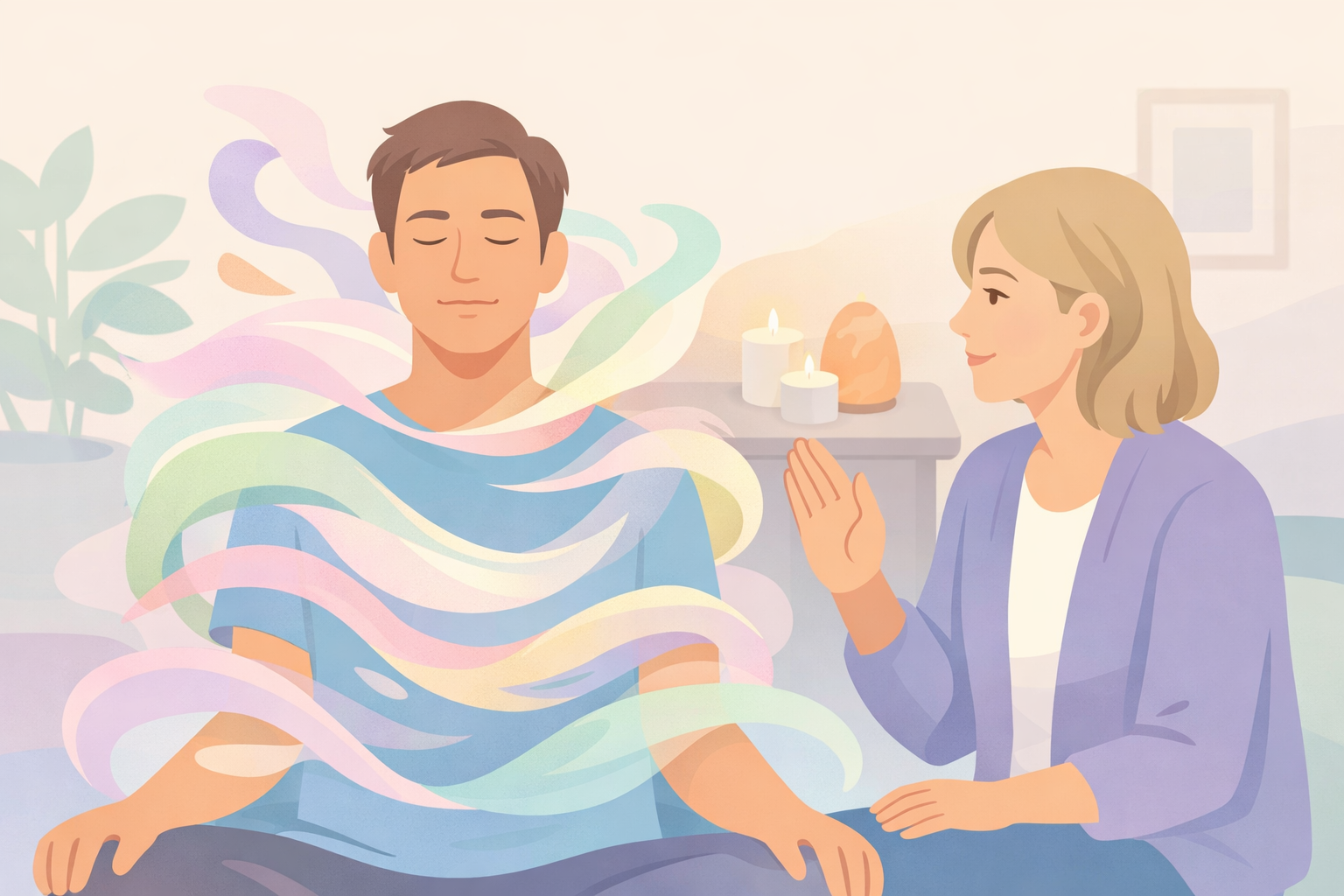 Therapist guides man in psychedelic therapy meditation amid colorful energy auras, crystals, candles at Beckley Retreats, facilitating psilocybin-induced emotional release and spiritual healing session. 