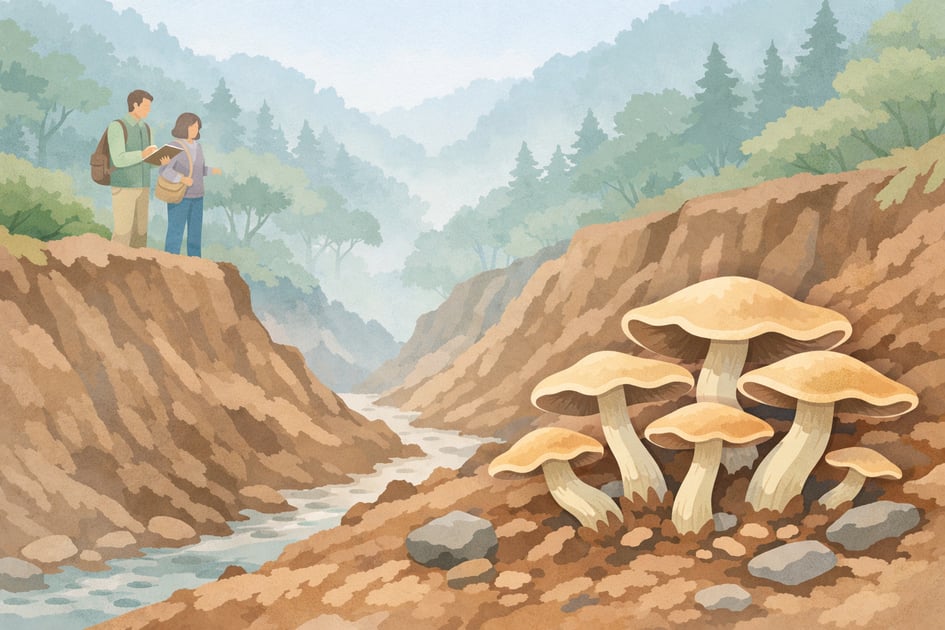 Illustration of a therapist and client observing large psychedelic mushrooms on a forested cliff during Beckley Retreats therapy session, evoking nature-based psilocybin healing in misty mountains.