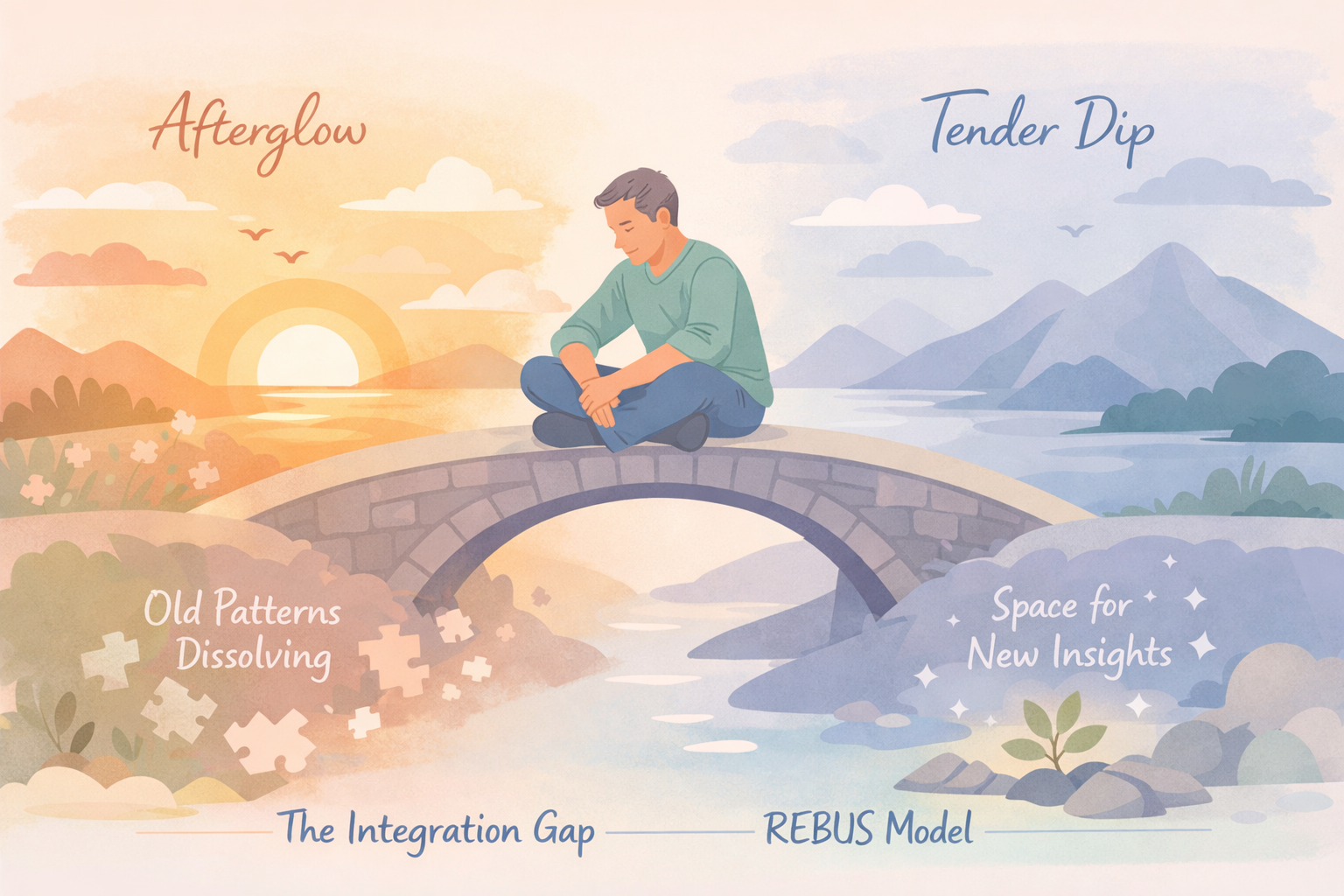 Man on bridge in psychedelic therapy integration, REBUS model showing afterglow dissolving old patterns into tender dip new insights for Beckley Retreats psilocybin healing.