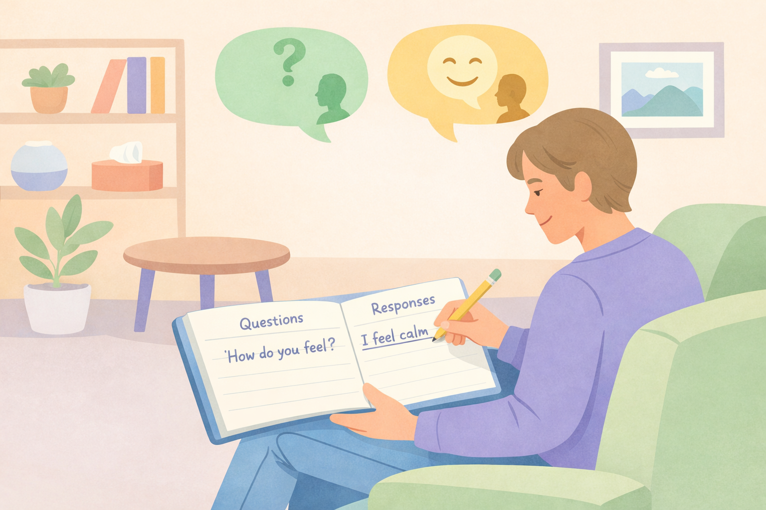 Man in psychedelic therapy session at Beckley Retreats journals "How do you feel? I feel calm" with question and happy response speech bubbles, promoting psilocybin integration dialogue.
