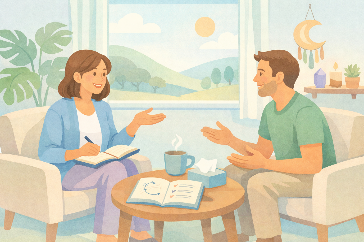 Therapist and client discuss over tea, journals, cycle diagram by mountains in Beckley Retreats psychedelic therapy integration session, fostering psilocybin insights with mindful dialogue.