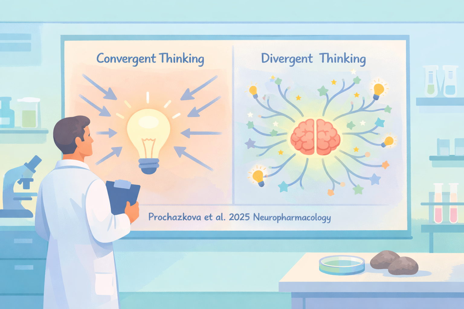 Illustration of a scientist in a lab reviewing convergent and divergent thinking diagrams, symbolizing how psychedelic therapy at Beckley Retreats may enhance creativity, neuroplasticity, and mental health through guided psychedelic-assisted treatment