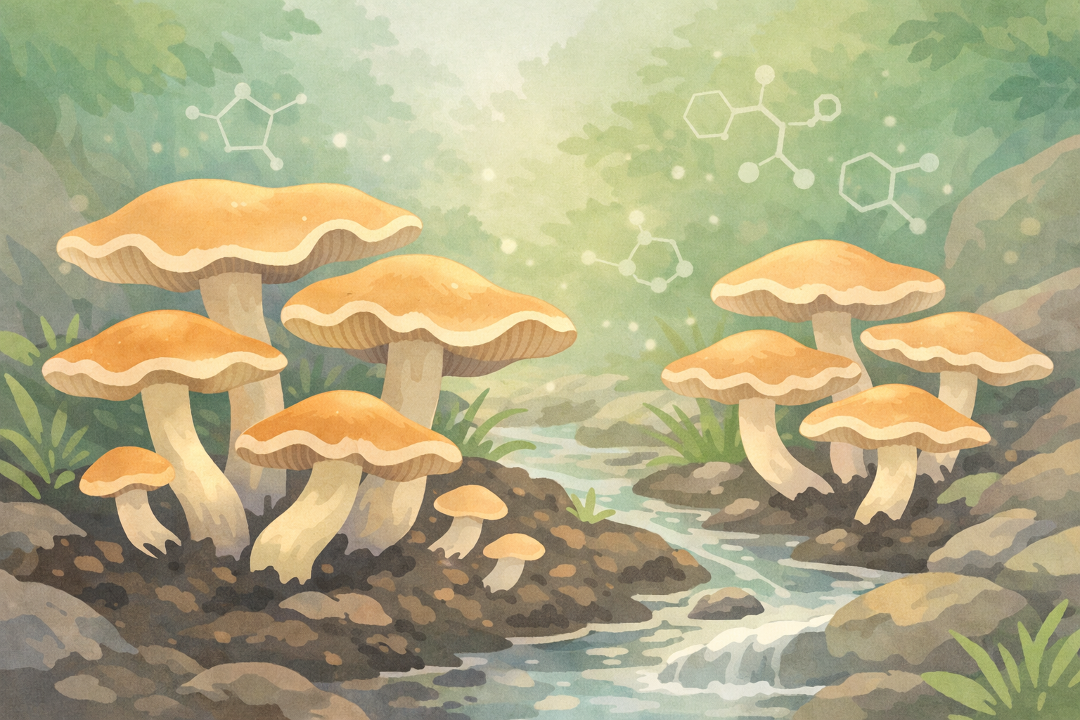 Vibrant illustration of oversized psychedelic mushrooms amid lush forest stream, with chemical psilocybin molecules glowing, symbolizing transformative Beckley Retreats therapy in nature.