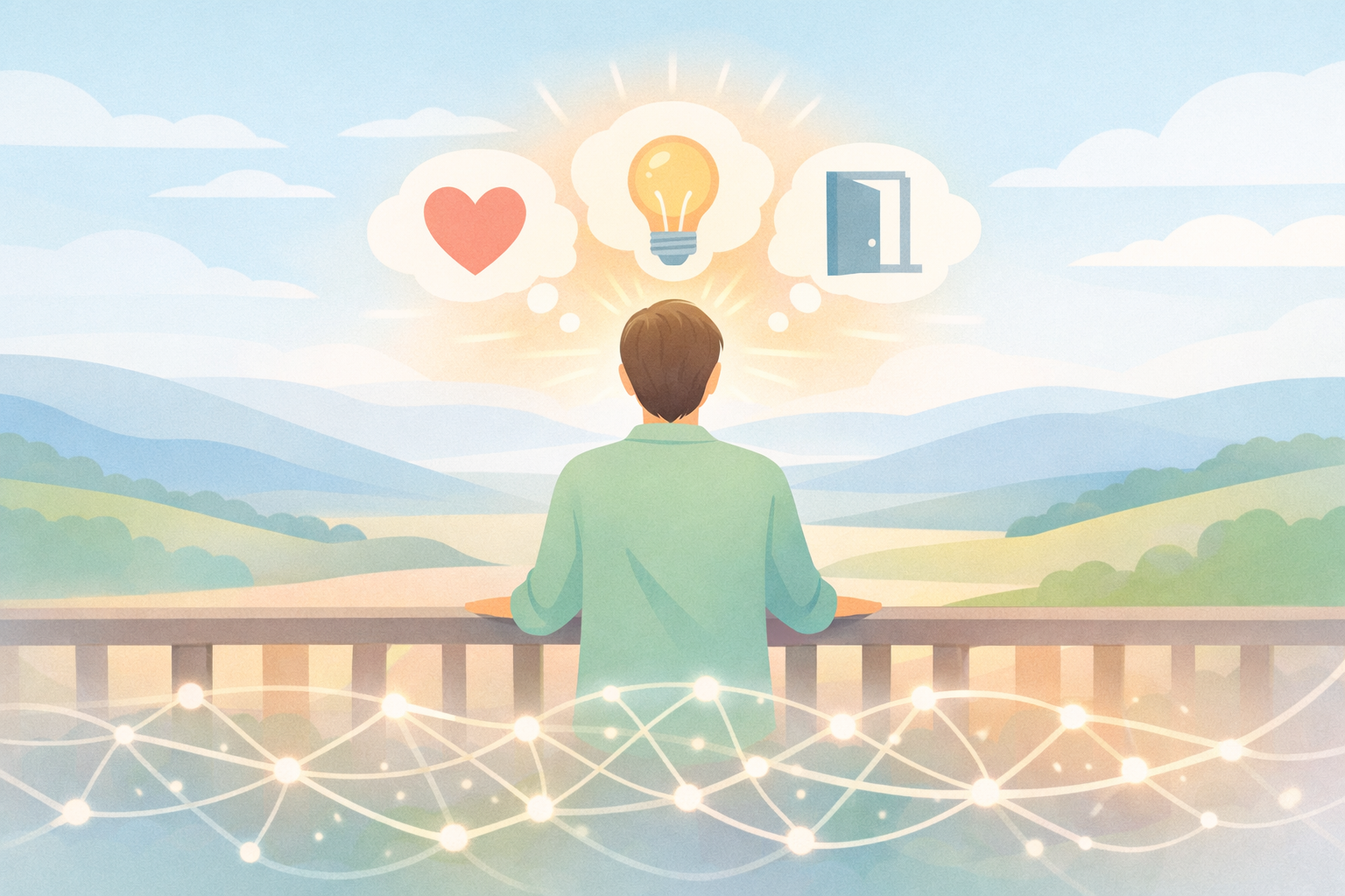 Man on balcony overlooks mountains in psychedelic therapy epiphany at Beckley Retreats, with glowing heart, lightbulb, open door symbols and neural networks for psilocybin insight transformation. 