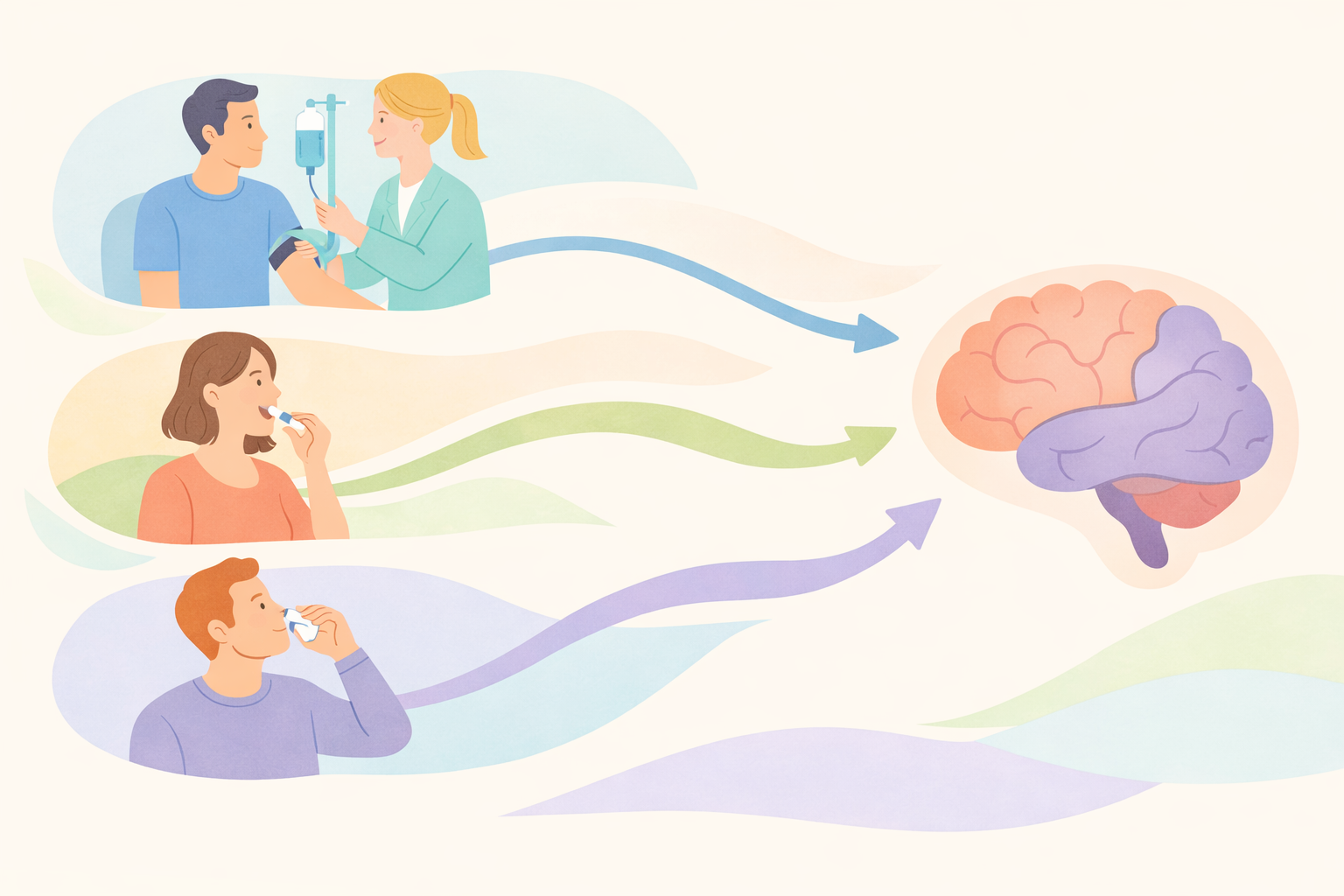 Patients in psychedelic therapy receiving IV, vaping, and sipping psilocybin doses from therapist, targeting brain for Beckley Retreats healing and neural transformation.