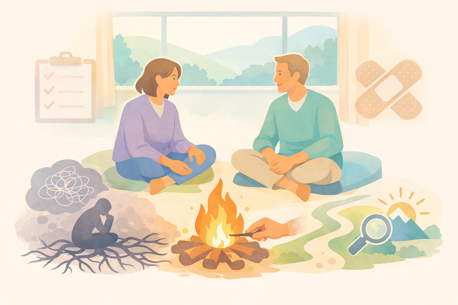 Couple in psychedelic therapy at Beckley Retreats sits by campfire, transforming stress clouds and roots into healing light with checklist, magnifier, mountains for psilocybin emotional recovery.