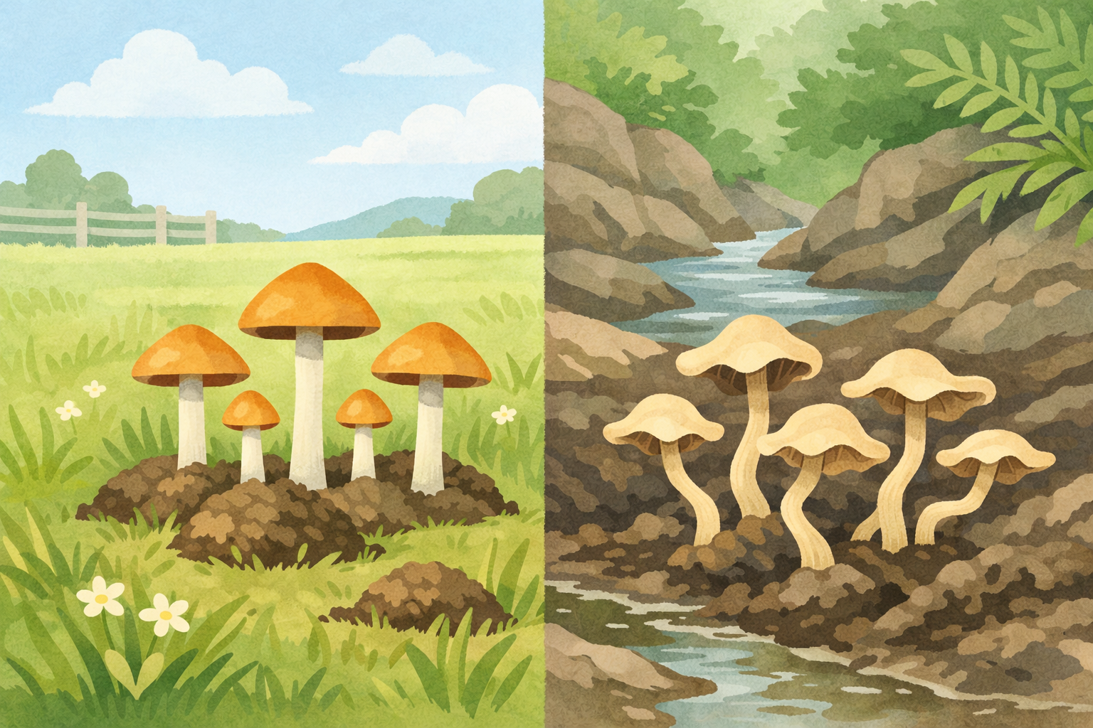 Split-panel illustration of psychedelic mushrooms thriving in lush green meadow and forested rocky stream, highlighting natural psilocybin growth for Beckley Retreats therapy.