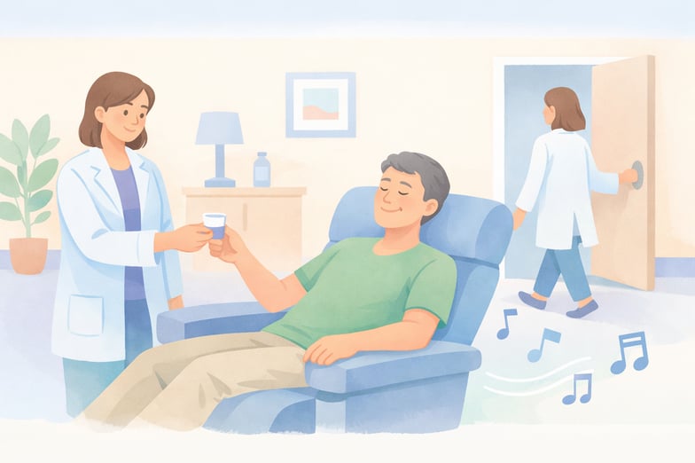 Beckley Retreats therapist in lab coat serving psychedelic therapy brew to serene patient in chair, with music notes, waves, bottle, and entering assistant.