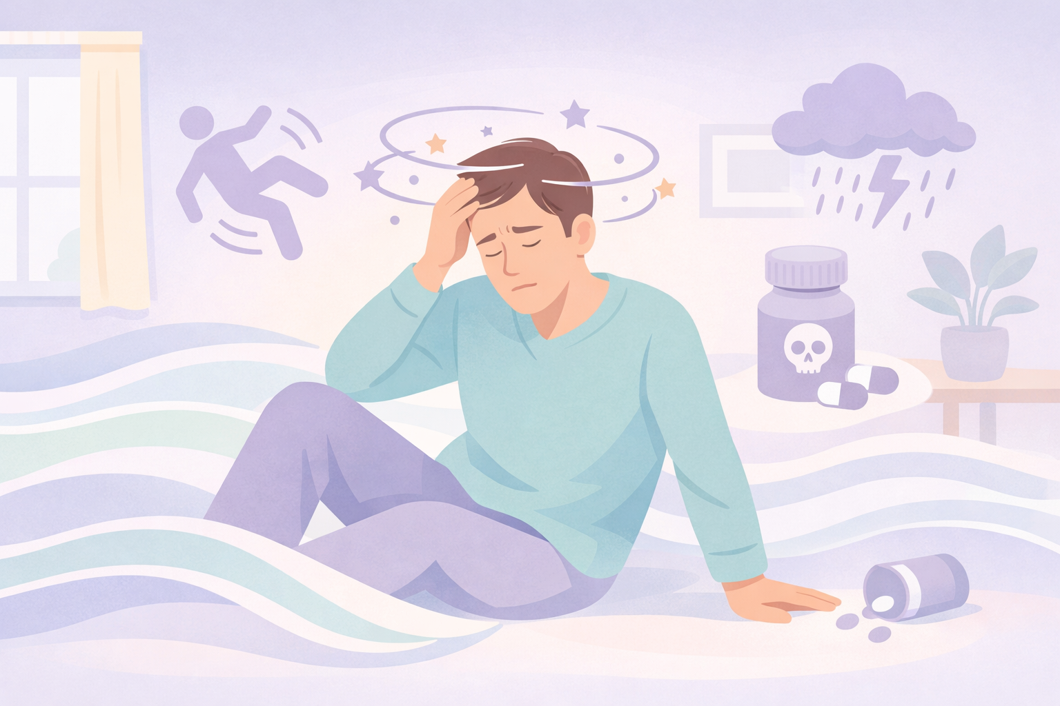 Man suffering antidepressant side effects contrasting psychedelic therapy benefits for Beckley Retreats, amid dizziness icons, spilled pills, storm, and waves.