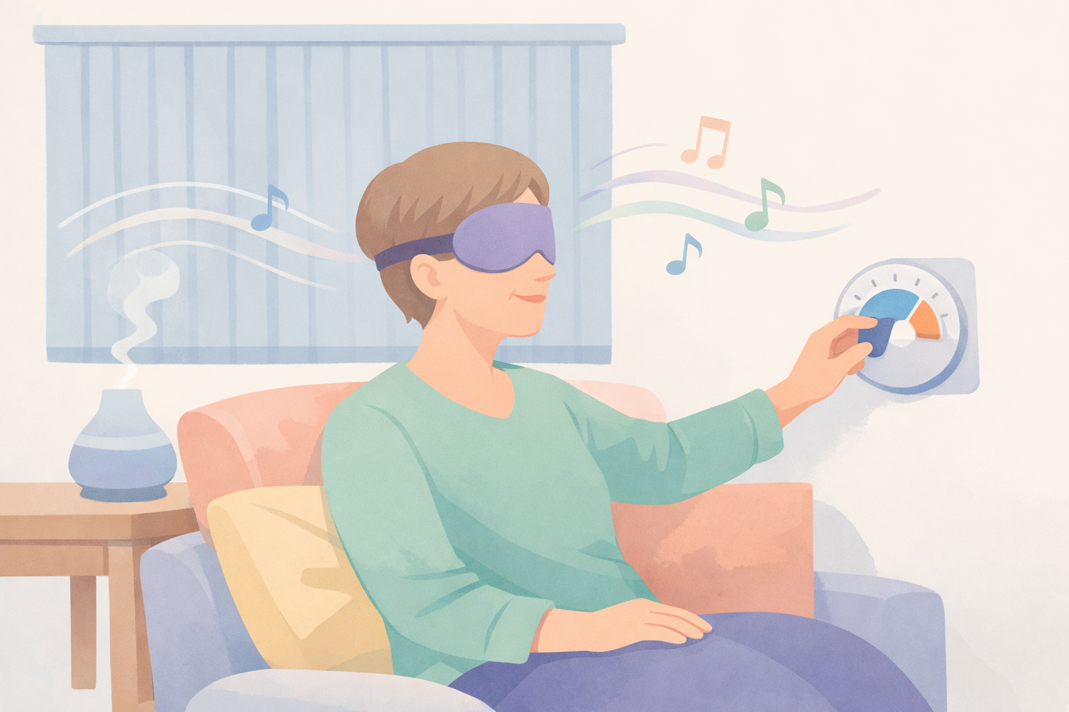 Man in psychedelic therapy at Beckley Retreats wearing sleep mask, adjusting pie chart timer on wall amid music notes, diffuser, cozy couch.