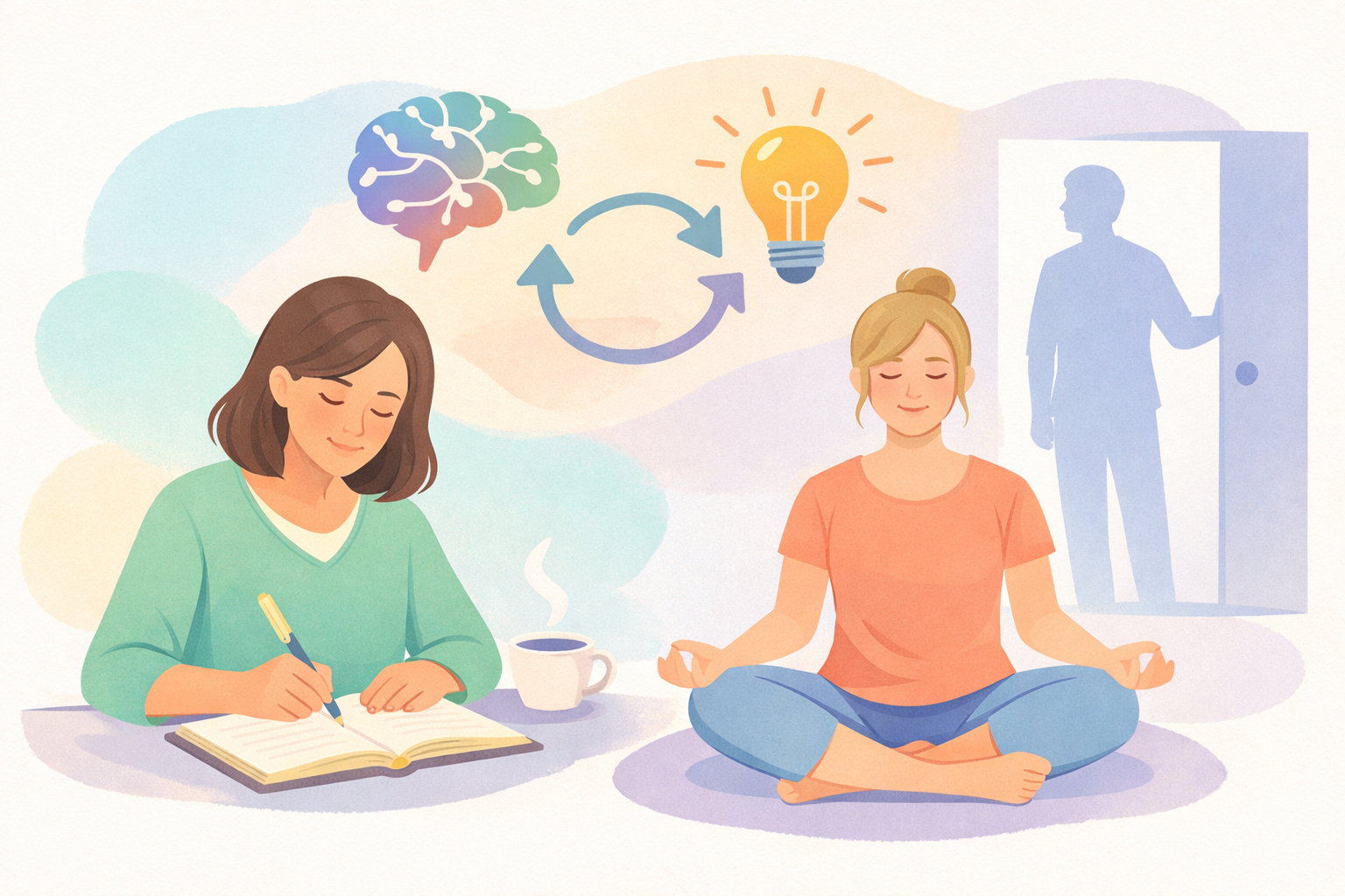 Women in psychedelic therapy integration at Beckley Retreats: one journaling with coffee, another meditating, brain-to-insight cycle, silhouette entering door.