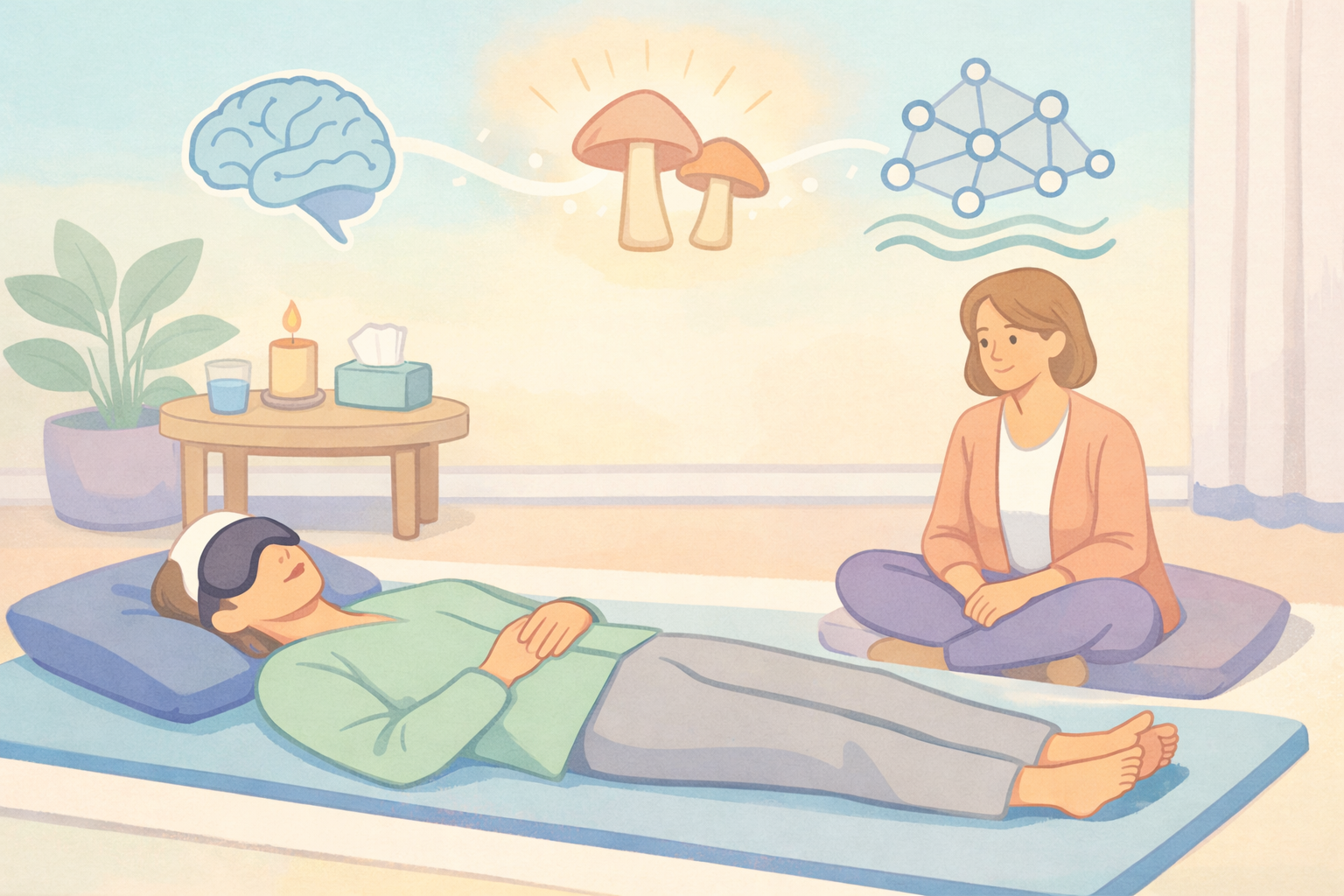 Psychedelic therapy visualization in Beckley Retreats style: therapist guides blindfolded man on futon, surrounded by glowing mushrooms, brain networks, plants, candle, evoking neural transformation.