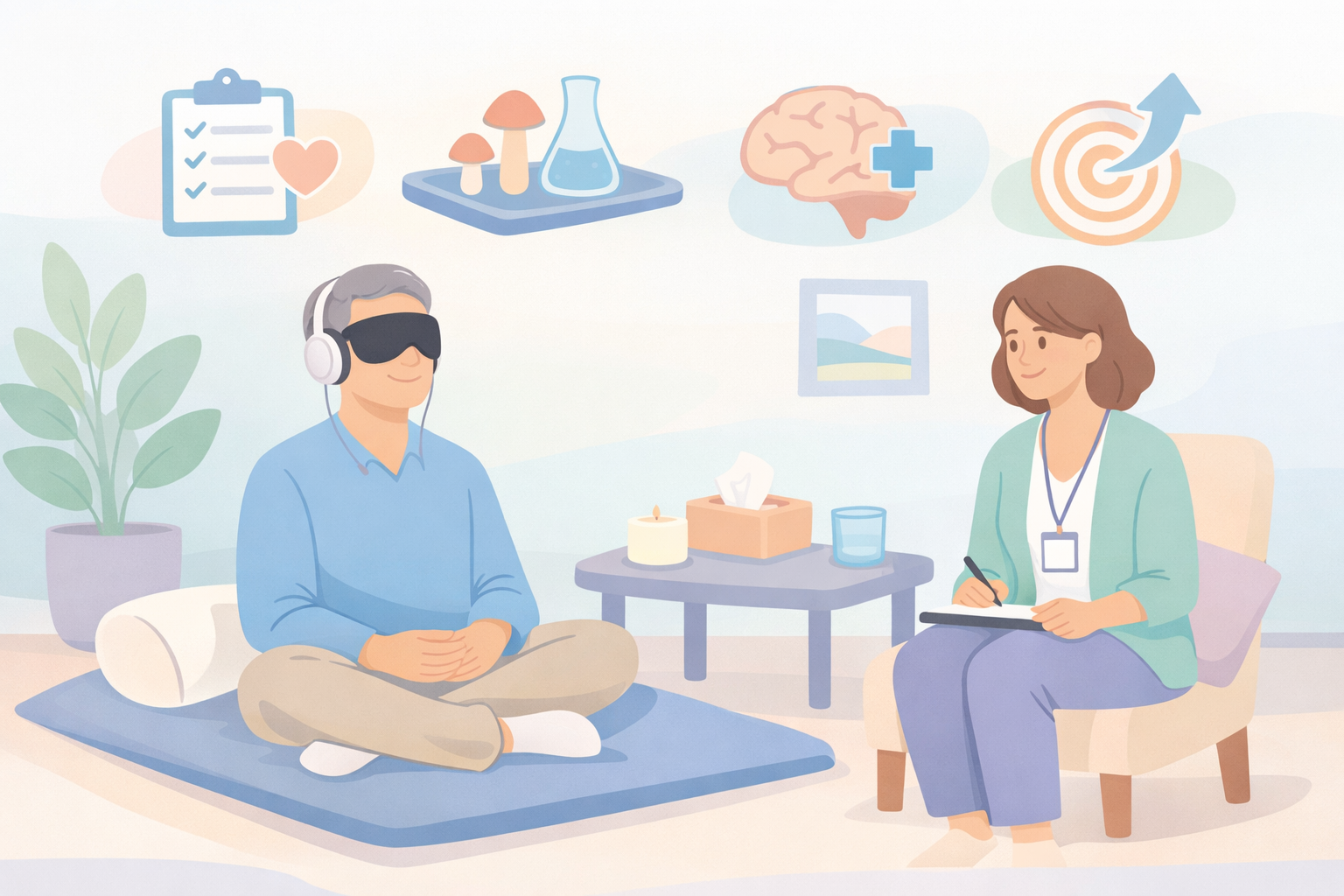 Beckley Retreats psychedelic therapy integration session: therapist notes progress with blindfolded client amid mushrooms, brain icons, checklists, and plants for neural healing.