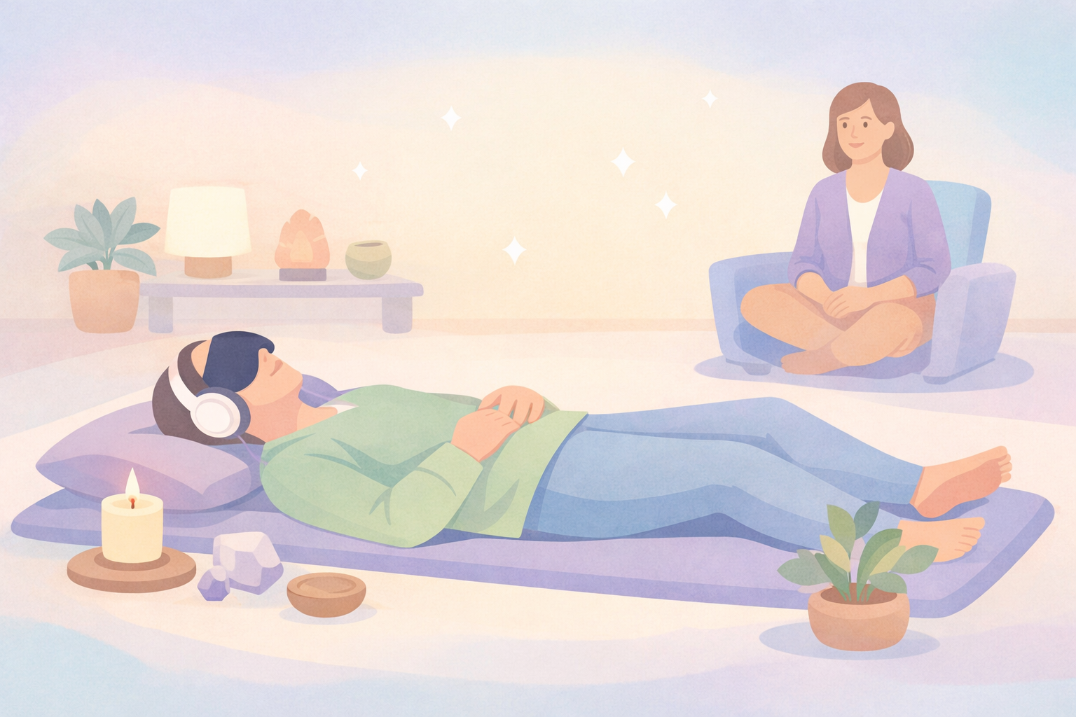 Beckley Retreats psychedelic therapy: therapist observes blindfolded client in VR headphones reclining on futon amid crystals, incense, plants, and starry serenity.