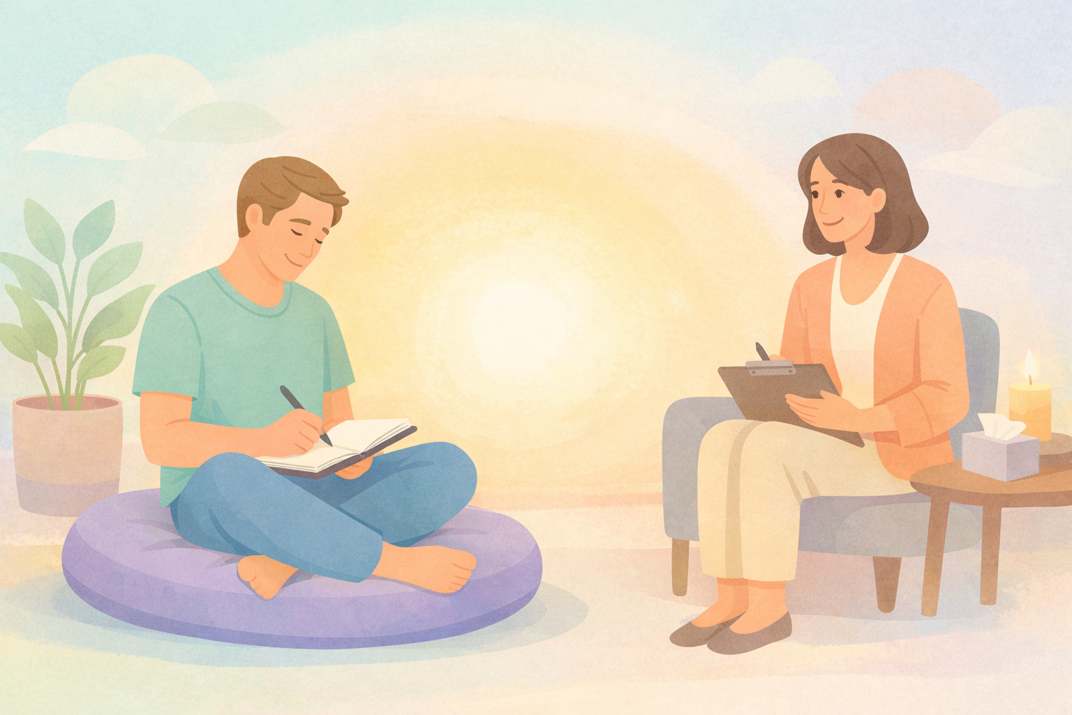 Beckley Retreats psychedelic therapy post-session: therapist and client journal insights on notebooks amid plants, candlelight, sunset glow, fostering reflection.