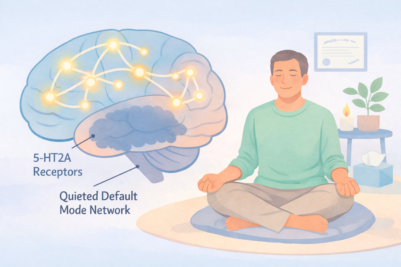 Psychedelic therapy mechanism at Beckley Retreats: 5-HT2A receptors quiet default mode network in meditating man, illuminating brain connections amid plants and candle.