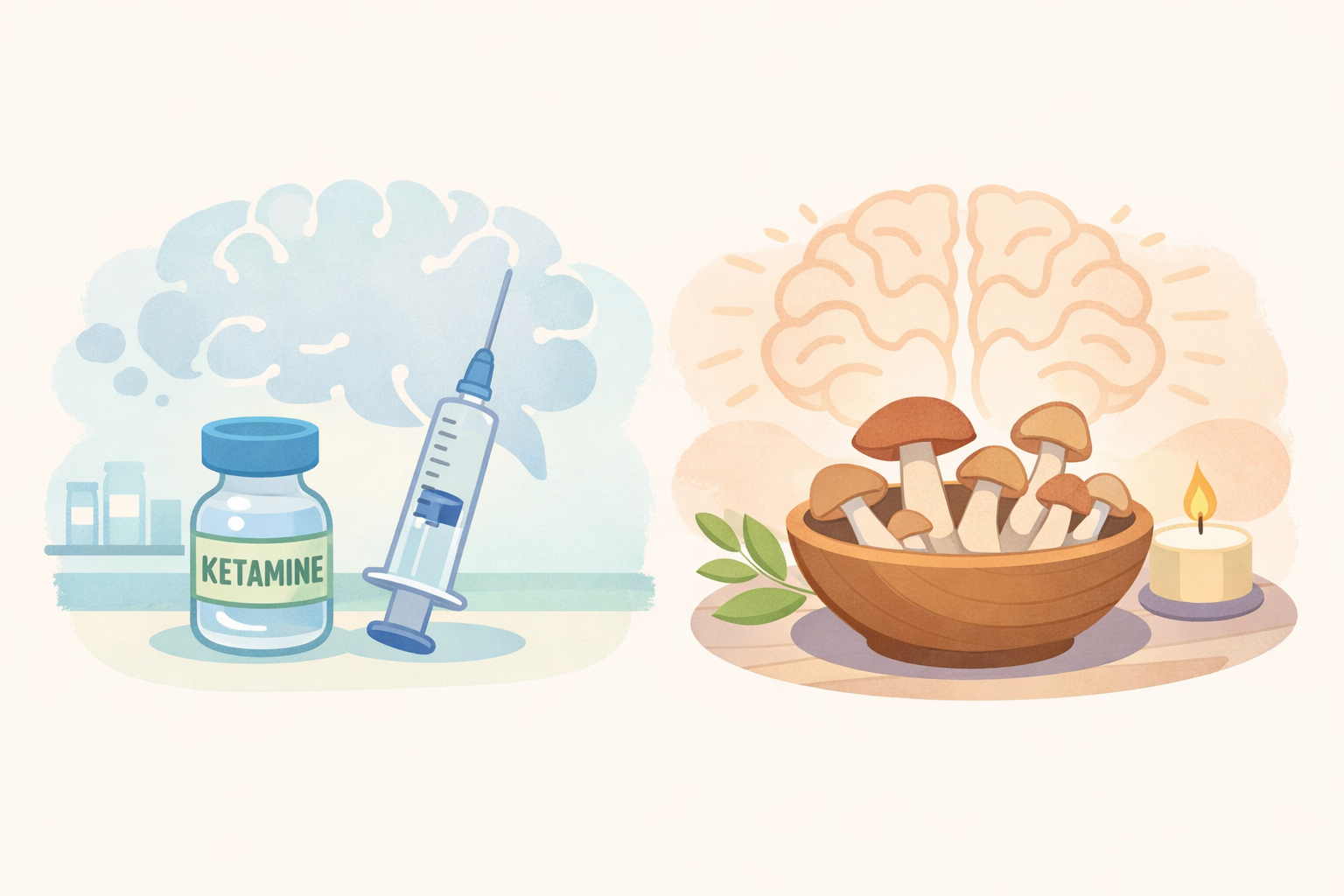 Psychedelic therapy comparison for Beckley Retreats blog: ketamine vial and syringe beside blue brain versus psilocybin mushrooms in bowl with candle and glowing brain.