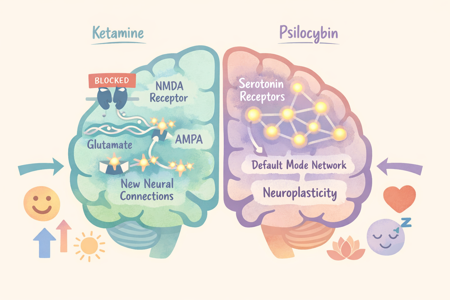 Infographic comparing ketamine (NMDA block, glutamate AMPA, new neural connections) and psilocybin (serotonin receptors, default mode network, neuroplasticity) for Beckley Retreats psychedelic therapy.