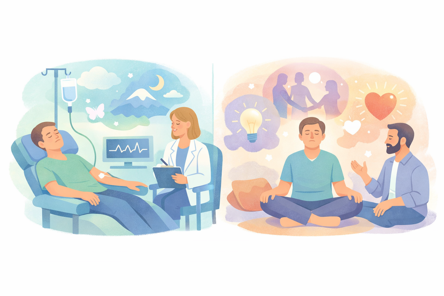 Ketamine IV infusion with clinician monitoring patient vs psilocybin talk therapy integration circle for Beckley Retreats psychedelic therapy, highlighting clinical vs holistic approaches.