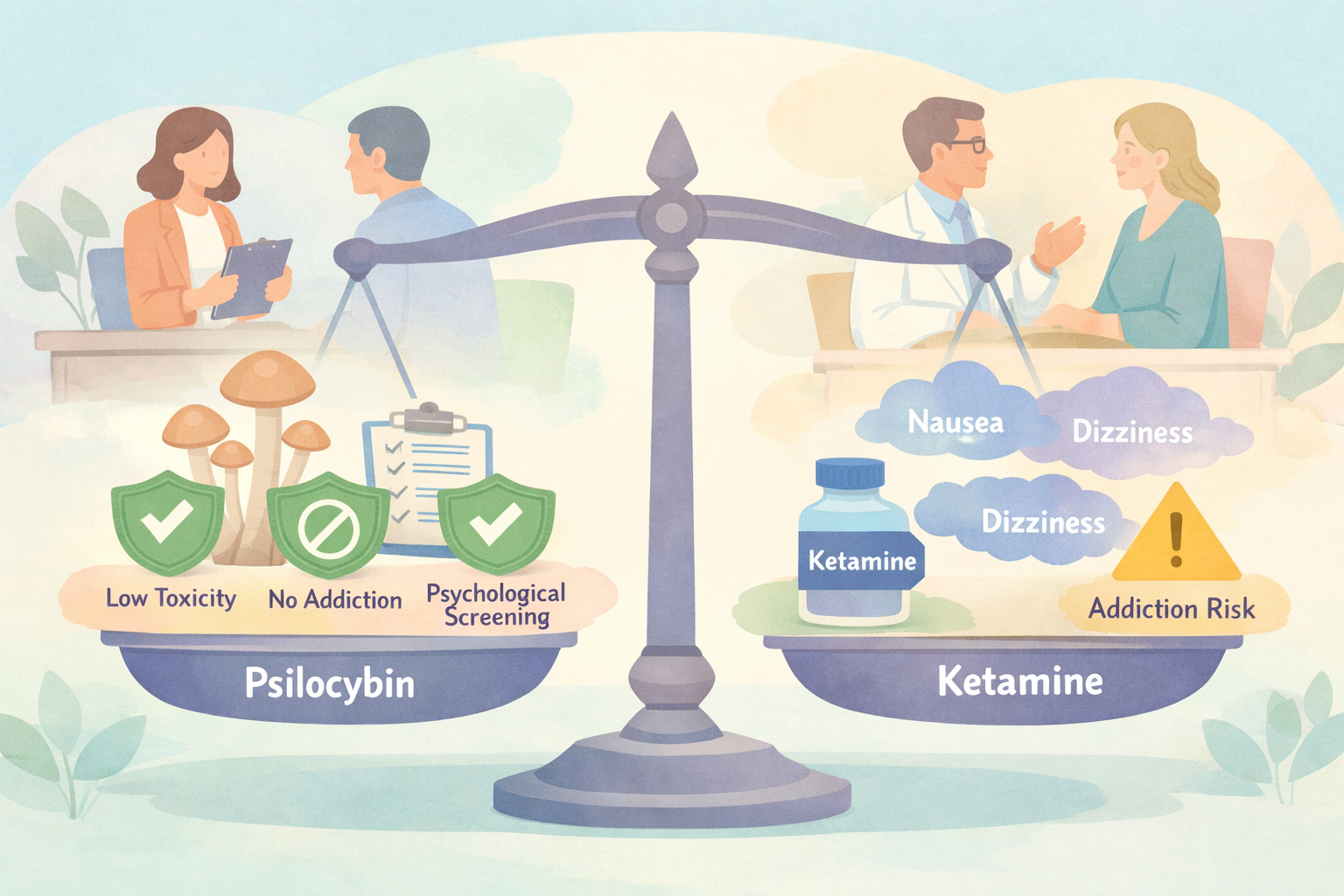 Psilocybin vs ketamine safety comparison infographic for Beckley Retreats psychedelic therapy: low toxicity, no addiction, psychological screening vs nausea, dizziness, addiction risk.