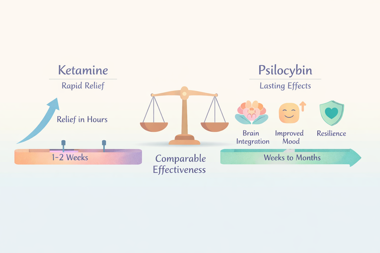Ketamine vs psilocybin infographic for Beckley Retreats psychedelic therapy: rapid relief in hours (1-2 weeks) vs lasting brain effects, comparable effectiveness with integration mood resilience.