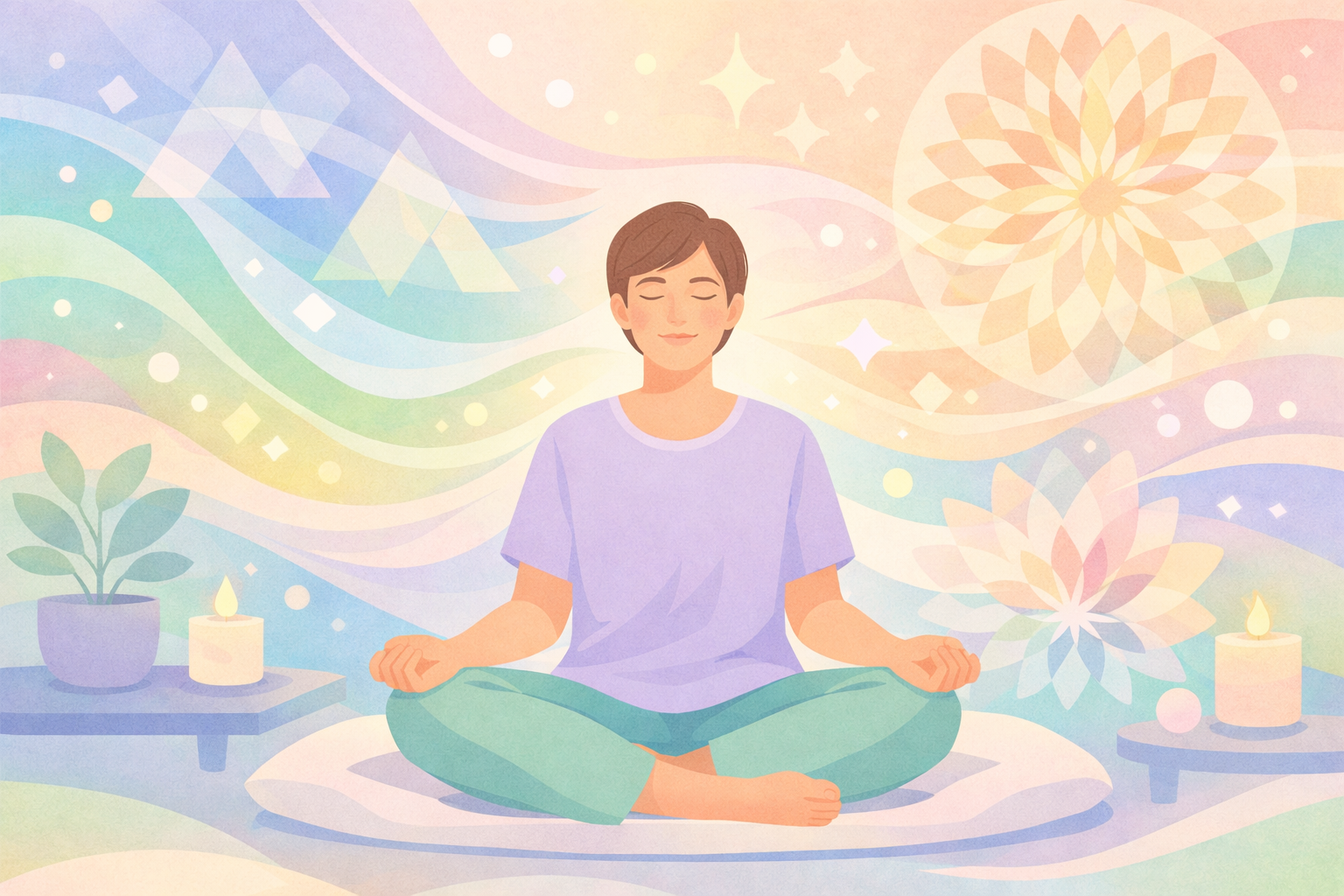 Serene man meditating in lotus pose amid psychedelic therapy visuals like swirling rainbows, mandalas, lotus flowers, and candles for Beckley Retreats preparation.