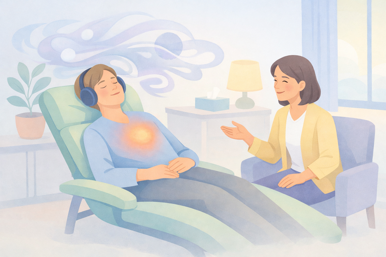 Psychedelic therapy integration at Beckley Retreats: patient in headphones with glowing heart chakra and swirling visions listens as therapist gestures supportively in calming room.