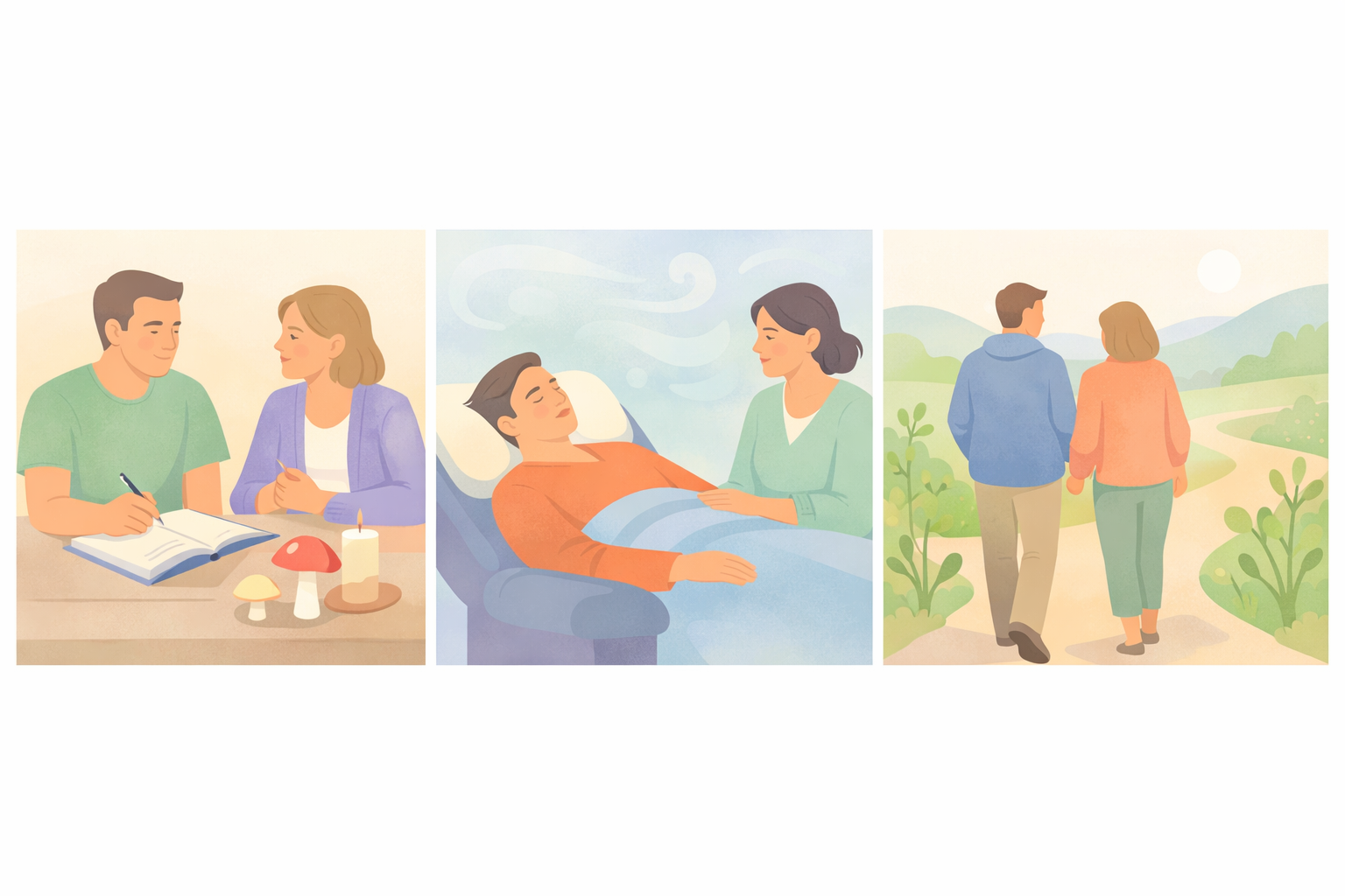 Beckley Retreats psychedelic therapy triptych: couple discusses with mushrooms, patient rests post-session, pair walks nature path—journey from preparation to integration.