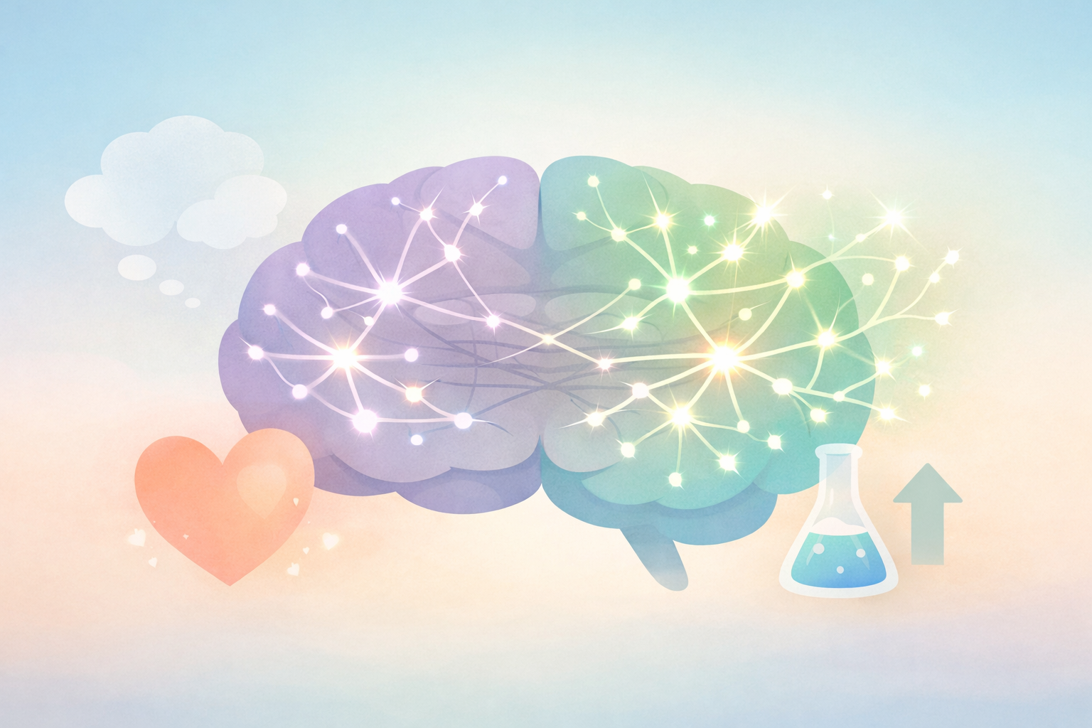 Psychedelic therapy brain transformation for Beckley Retreats: glowing neural networks, heart, and potion symbolize psilocybin-enhanced neuroplasticity and emotional healing. 